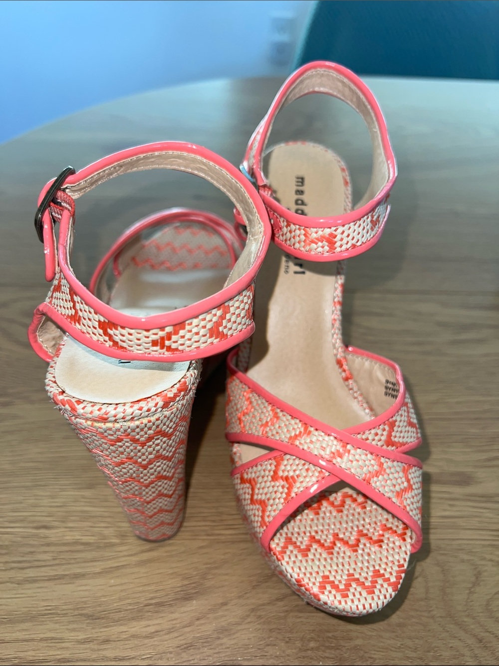 NWOB Madden Girl Coral & Cream Woven Platform Wedges with Ankle Strap
